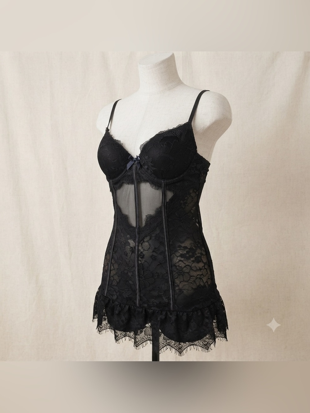 Cinema Etoile Black Lace Mesh Bustier Babydoll Underwire Push Up Size Small